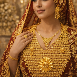 طقم ذهب فاخر مستوحى من التراث السوداني الأصيل، بتصميم طبقات ملكية تعكس القوة والهيبة 👑